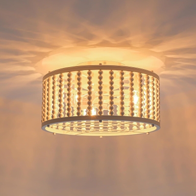 18 in. Wood Beads Flush Mount Fandelier, White Boho Ceiling Fan with Light and Remote, Reversible Low Profile Caged Ceiling Fan Chandelier for Kids Room