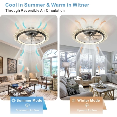 Modern Crystal Ceiling Fan with Lights and Remote, Black Flush Mount Dimmable LED Low Profile Ceiling Fan