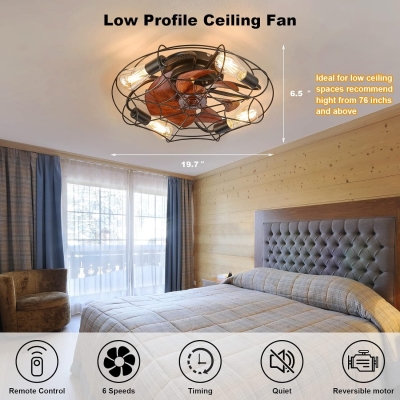 20 in. Black Caged Bladeless Ceiling Fan with Light and Remote, Small Reversible Flush Mount Low Profile Industrial Ceiling Fan Light Fixture