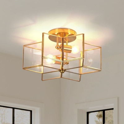 2-Light Hexagon Star Semi Flush Mount Light, Gold Embedded Ceiling Light