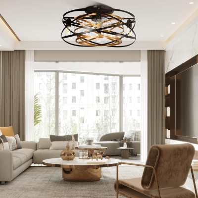 22 in. Bladeless Low Profile Flush Mount Ceiling Fan in Winter Summer, Matte Black Gold Enclosed Caged Ceiling Fan with Lights Remote Control