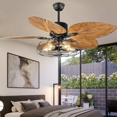 52 in. Indoor Vintage Tropical Ceiling Fans Chandelier with Remote, Industrial Caged Ceiling Fan, Quiet Black Palm Ceiling Fan
