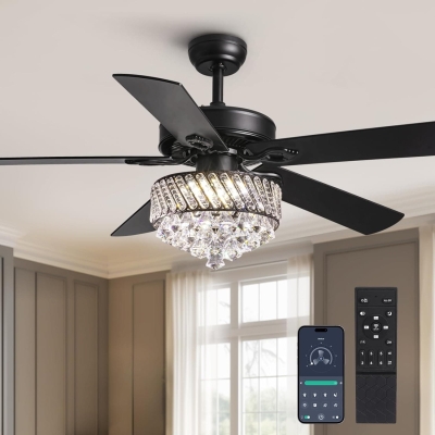 52 in. Black Crystal Ceiling Fan with Light, Modern LED Black Fandelier for Bedroom, Remote Control Fan with APP Control for Living Room Dining Room