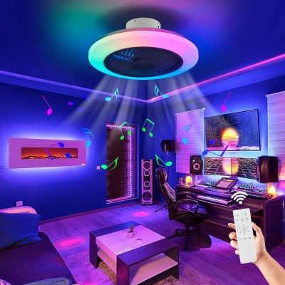RGB Bladeless Ceiling Fan with Remote, Modern White Low Profile Flush Mount Ceiling Fan with Bluetooth Speaker for Bedroom Living Room Kids Room