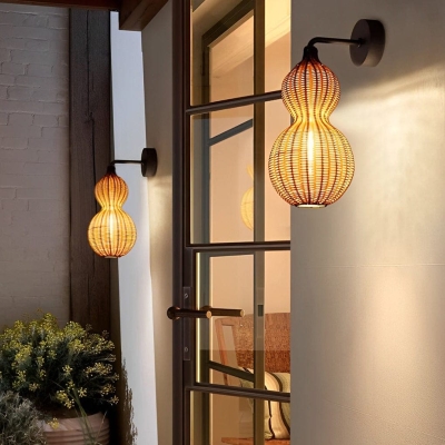 Rustic Gourd Shaped Outdoor Hanging Lights, Waterproof IP65 Rubber Rattan &amp; Stainless Steel Chandelier for Garden, Courtyard, Villa Decor