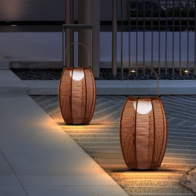 Solar-Powered Outdoor Lawn Light with Portable Handle, IP65 Waterproof Rattan Lampshade, Fast Charging, Rust-Resistant Metal Holder for Pathways Gardens