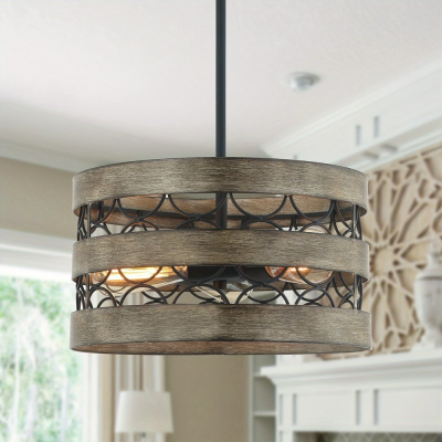 3-Light Drum Shaped Hanging Pendant Lights for Kitchen, Vintage Rustic Pendant Lights with Metal Frame