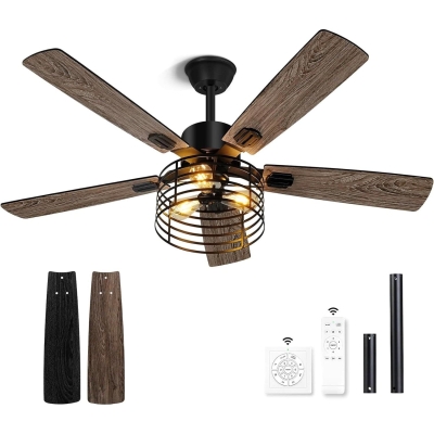 52 in. Farmhouse Ceiling Fan with Light and Remote, Rustic Caged Ceiling Fan, Industrial Ceiling Fans, Black Ceiling Fan for Bedroom Living Room Patio