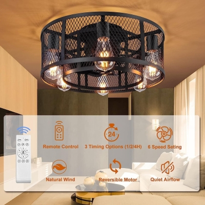 21 in. Farmhouse Flush Mount Caged Ceiling Fan with Light and Remote, Small Bladeless Caged Ceiling Fan for Kitchen Bedroom