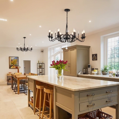 8-Light Industrial Pendant Lighting Fixture, Candle Style Black Pendant Lights Over Island, Hanging Lights for Kitchen