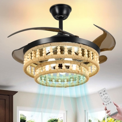 48 in. Boho Caged Ceiling Fan with Light, Farmhouse Wood Beads Ceiling Fan with Light, Flush Mount Ceiling Fan for Bedroom Living Room