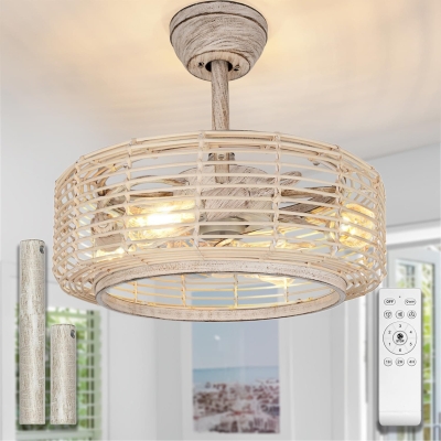 20 in. Boho Rustic Caged Ceiling Fans, Wicker Ceiling Fan with Light and Remote, Bladeless Low Profile Ceiling Fan for Living Room Kitchen