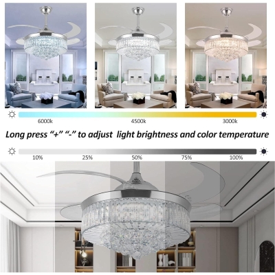 36 in. Crystal Ceiling Fan with LED Lights Remote, Modern Fandelier for Bedroom Living Room, Indoor Retractable Invisible Decorative Ceiling Fan
