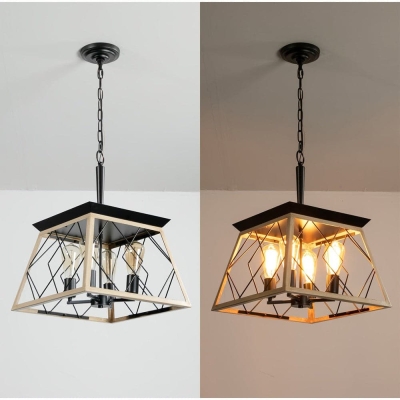 4-Light Brown Pendant Light with Square Cage, Farmhouse Geometric Dimmable Hanging Pendant Light