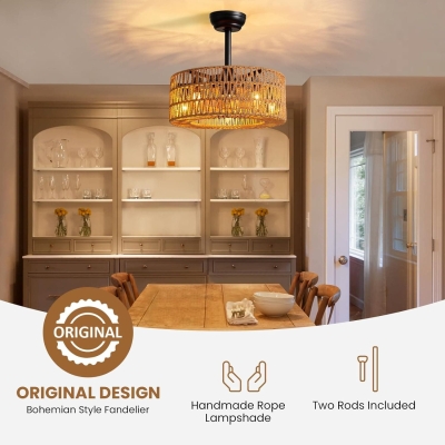 18 in. Woven Rattan Ceiling Fan with Lights, Boho Caged Ceiling Fan, Farmhouse Low Profile Fandelier for Bedroom Kitchen Living Room