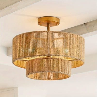 Rustic Rattan Rope Woven Semi Flush Mount Light, Gold Ceiling Lights for Bedrooms Kitchen Living Room