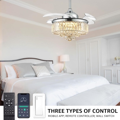 36 in. Chrome Dimmable Fandelier Crystal Ceiling Fan with Lights and Remote, Modern Fan with Light, Retractable Chandelier Fan, LED Ceiling Fan Light
