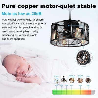 Small Enclosed Caged Ceiling Fan with Light and Remote, Black Farmhouse Industrial Flush Mount Ceiling Fan for Living Room Bedroom Kitchen