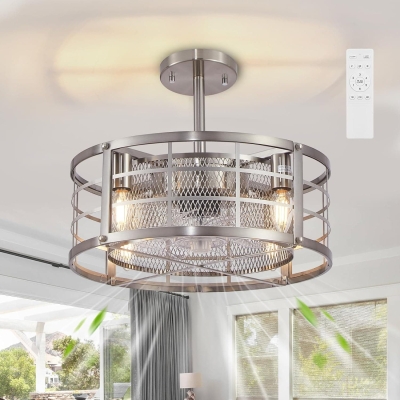 Caged Chrome Brushed Nickel Ceiling Fandelier with Light and Remote, Modern Small Bladeless Ceiling Fan Light for Kitchen Dining Room Living Room