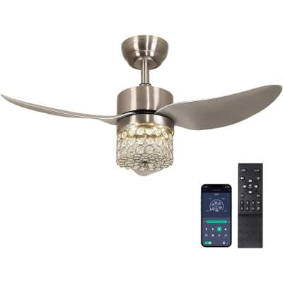Brush Nickel Crystal Ceiling Fan with Lights and Remote, Modern Contemporary LED Dimming Reversible Low Profile Ceiling Fan for Bedroom Living Room