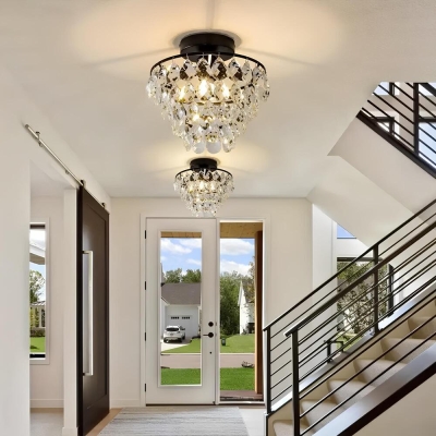 Modern Black Crystal Ceiling Light Semi Flush Mount Light Mini Chandelier Light Fixture for Hallway Bedroom Bathroom