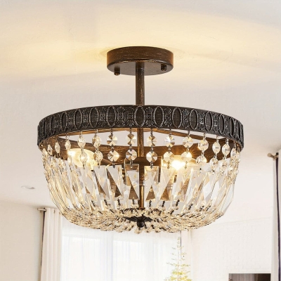 3-Light Bowl-Shaped Semi Flush Mount Ceiling Light Crystal Chandelier Ceiling Light Fixture for Dining Room Kitchen Island Entryway