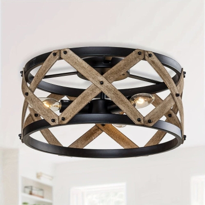 3-Light Black Drum Shaped Flush Mount Light
