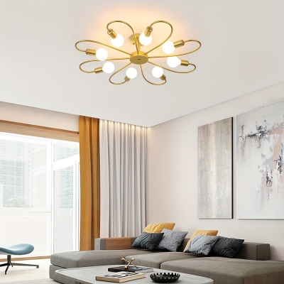 8-Light Flower-Shaped Semi-Flush Mount Light, Modern Gold Sputnik Ceiling Light Fixture Ceiling Lamp Chandelier for Living Room Kitchen
