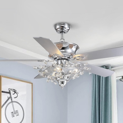 50 in. Chrome Crystal Ceiling Fan with Lights, Vintage Ceiling Fans Chandelier with Remote, 5 Reversible Wood Blades Fandelier for Bedroom Living Room