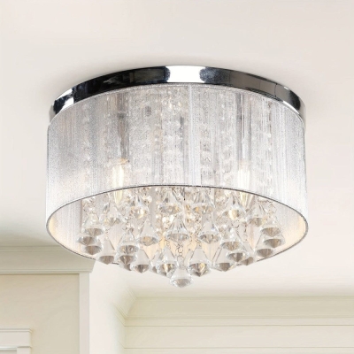 3-Light Chrome Drum Shaped Crystal Flush Mount Light