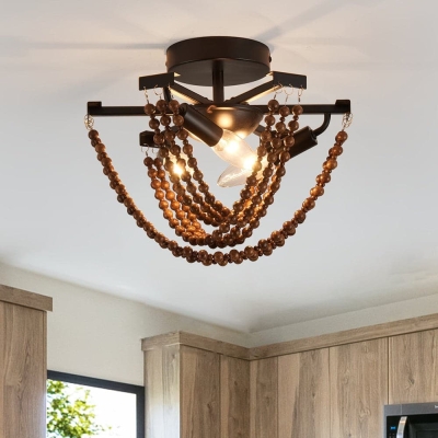 Farmhouse Semi Flush Mount Ceiling Light with Wood Beaded, Industrial 3-Lights Close to Ceiling Light Chandelier for Sloped Ceiling Kitchen Bedroom Dining Room Porch