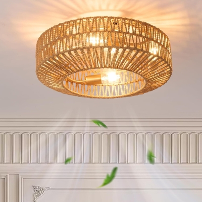 20 in. Woven Caged Ceiling Fans with Light, Low Profile Flush Mount Bladeless Remote Control Ceiling Fans, Industrial Farmhouse Boho Enclosed Ceiling Fan