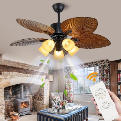 52 in. Indoor Outdoor Tropical Ceiling Fans with Light and Remote, Palm Leaf Ceiling Fan, Farmhouse Chandelier Ceiling Fan for Bedroom Living Room