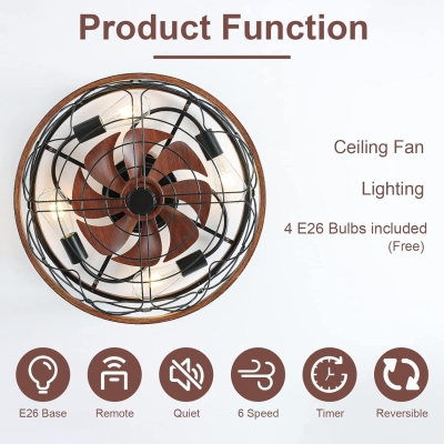 20 in. Caged Ceiling Fan with Light, Low Profile Enclosed Ceiling Fan with Remote, Flush Mount Ceiling Fan without Blades for Bedroom Living Room