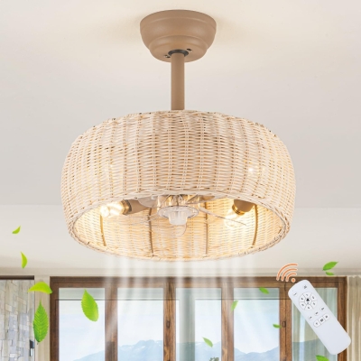Boho Caged Rattan Ceiling Light Fixture with Remote, Reversible Ceiling Fan Summer Winter for Restaurant Living Room Bedroom Dining Room Kitchen Island