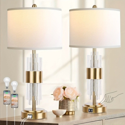 Set of 2 LED Gold Bedside Table Lamp with USB Ports Touch Control, Modern White Drum Shaped Table Lamp for Living Room Nightstand Bedroom Home Office Decor