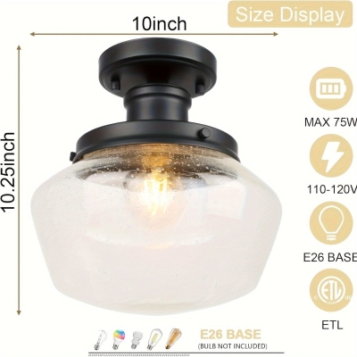 Bell-Shaped Farmhouse Semi Flush Mount Ceiling Light with Seeded Glass for Entryway Hallway Bedroom Kitchen Living Room