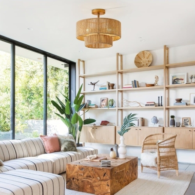 Rustic Rattan Rope Woven Semi Flush Mount Light, Gold Ceiling Lights for Bedrooms Kitchen Living Room