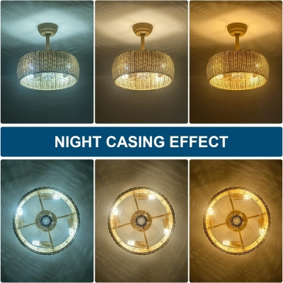 Boho Caged Rattan Ceiling Light Fixture with Remote, Reversible Ceiling Fan Summer Winter for Restaurant Living Room Bedroom Dining Room Kitchen Island