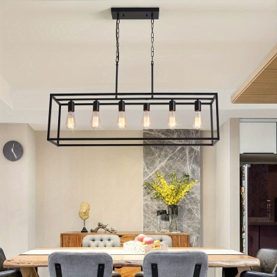 6-Light Rectangle Pendant Light, Modern Black Linear Pendant Light with Industrial Cage for Kitchen Island Dining Room Living Room Bar Restaurant