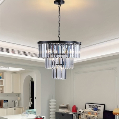 11-Light Black Luxury Crystal Pendant Light, Modern Round 3-layer Crystal Pendant Light Chandelier for Bathroom Dining Room Kitchen Island Living Room