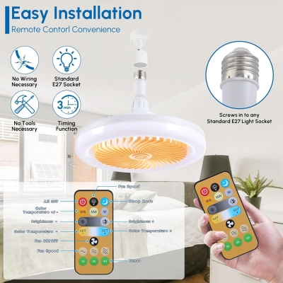 10 in. Bladeless Low Profile Socket Fan Light, Dimming Light Socket Fan with Remote for Kitchen, Bathroom Ceiling Fan with Light, Garage Ceiling Fan