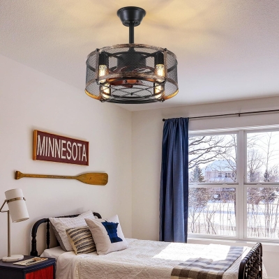 Modern Industrial Style Ceiling Fans, Caged Ceiling Fans with Remote, Farmhouse Black Enclosed Ceiling Fandelier