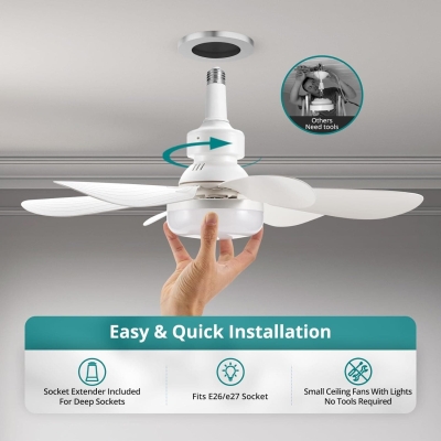 Socket Fan Light, Ceiling Fans with Lights and Remote, Dimmable Small Ceiling Fan, Flush Mount Screw In Ceiling Fan for Bedroom Kitchen Living Room