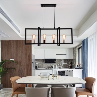 Modern 4-Light Rectangular Pendant Light Chandelier, Industrial Hanging Pendant Light Fixture for for Kitchen Island Light Living Room