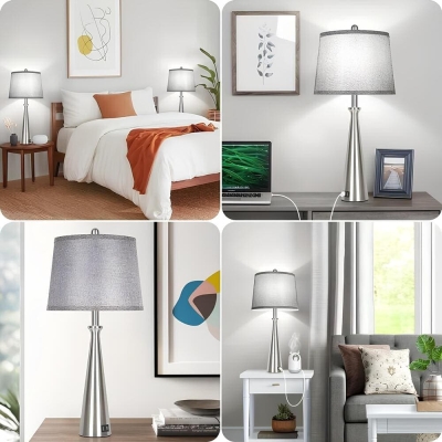 Set of 2 Sliver Table Lamps, Bedside Lamp with Grey Shade, Tall Nickel Nightstand Lamp Desk Lamp