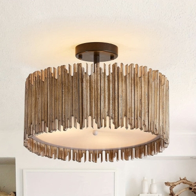 Farmhouse Dimmable Semi Flush Mount Ceiling Light with Wood Lampshade for Dining Room Bedroom Kitchen