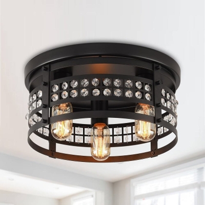3-Light Industrial Black Drum Shaped Flush Mount Light with Crystal Caged
