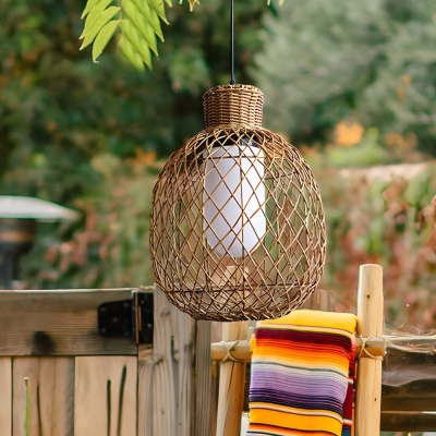Rustic Iron and Rattan Outdoor Pendant Light, Waterproof, Adjustable Hanging Lantern for Trees, Pergolas, Gazebos, Porches, and Gardens
