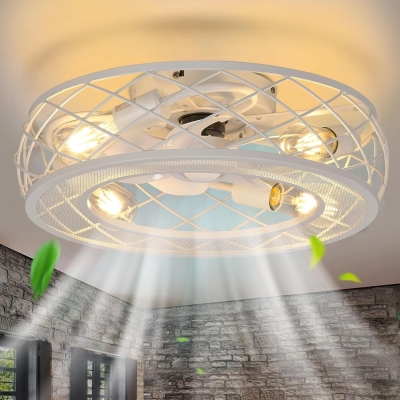 20 in. Caged Ceiling Fan with Light, White Flush Mount Farmhouse Low Profile Ceiling Fan and Light, Reversible Enclosed Ceiling Fan for Bedroom Kitchen